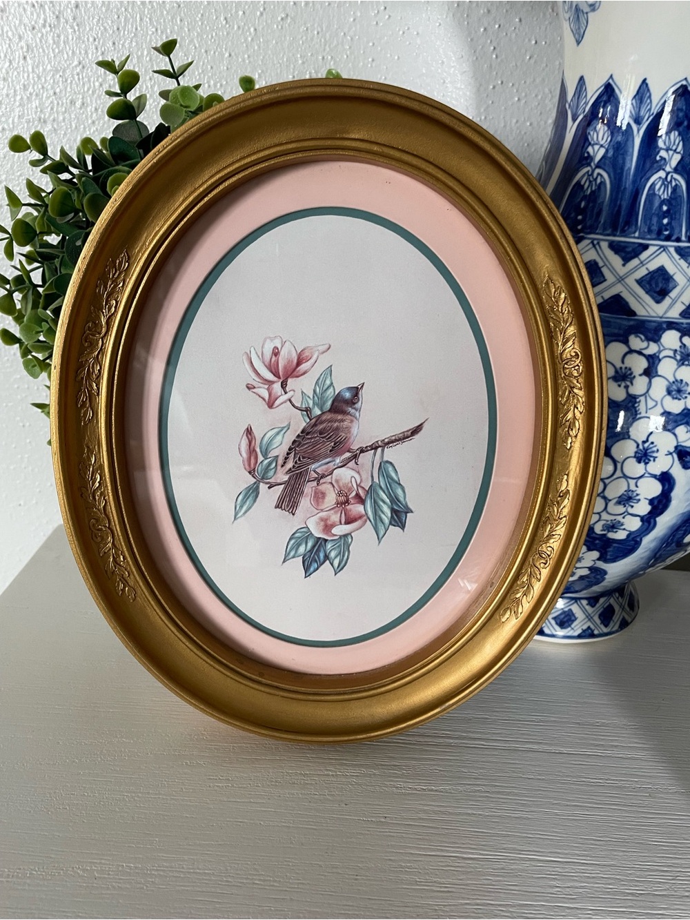 Vintage Home Interiors Gold Glass Oval Frame with Bird and Floral Flowers Art